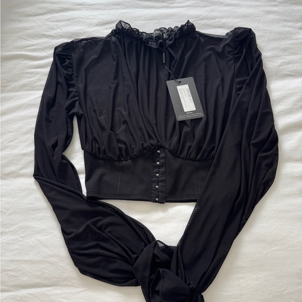 Black Mesh Bustier Ruffled Blouse